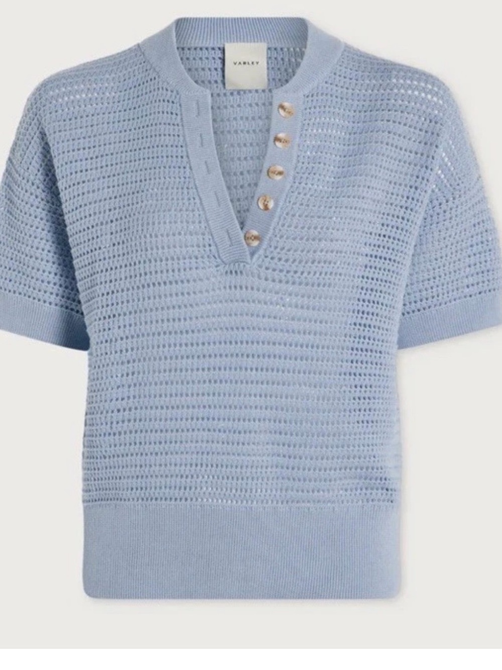 Varley Pale Blue Open-Weave V-Neck Short Sleeve Sweater Button Placket